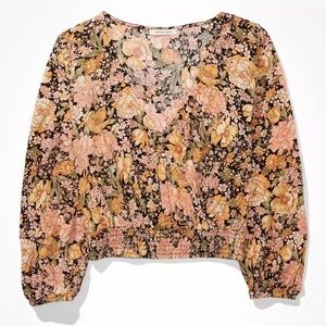 American Eagle Black Earth Tone Retro Floral Print V-Neck Wrap Front Blouse M